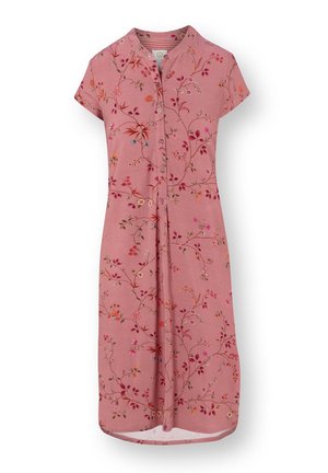 Roze jurk tot op de knie met korte mouwen, bloemenpatroon, mandarijnkraag en knoopsluiting aan de voorkant.