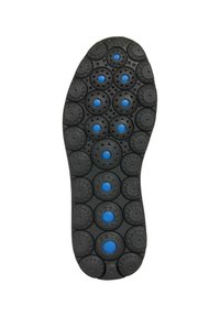 Suola di scarpa in gomma nera con motivi rotondi e testurizzati, accentuata da dettagli blu. Caratterizzata da fori d'aria e da una forma sagomata per garantire una buona aderenza.