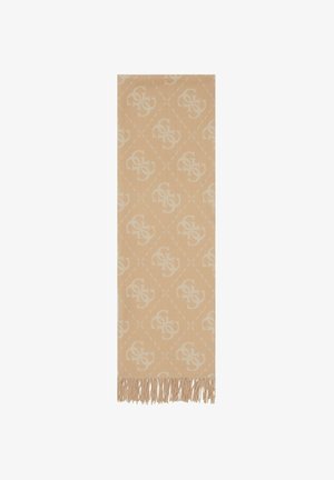 Écharpe beige avec un motif monogramme entrelacé en beige clair répété et des extrémités à franges.