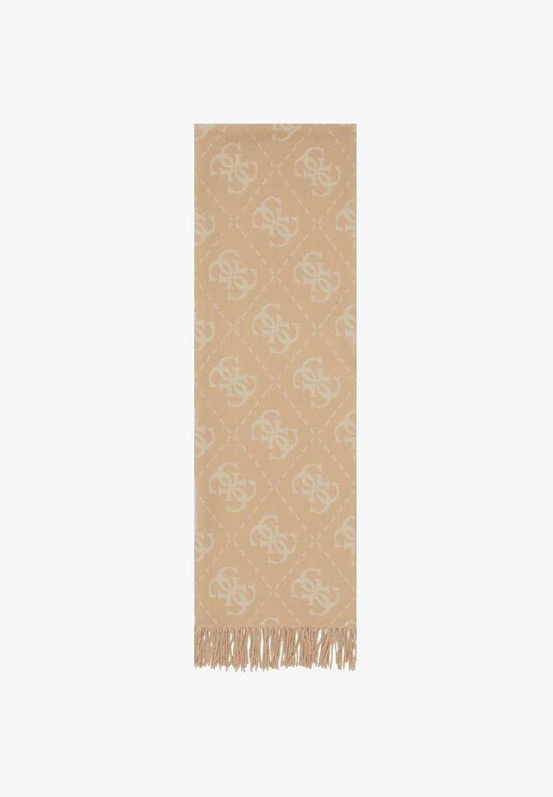 Écharpe beige avec un motif monogramme entrelacé en beige clair répété et des extrémités à franges.
