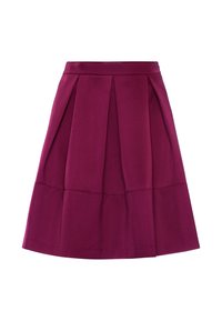 Polvenpituinen, laskostettu hame syvässä magentassa, jossa on sileä kangas ja jämäkkä vyötärö, ilman näkyviä kiinnityksiä tai koristeita.