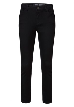 Zwarte stretchbroek met een slim-fit ontwerp, voorzien van een knoopsluiting, riemlussen en vier zakken. Gladde textuur en strakke lijnen.