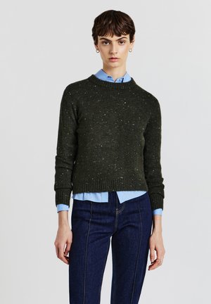 Grün gesprenkelter Strickpullover mit Rundhalsausschnitt, gerippten Bündchen und Saum, über einem hellblauen Hemd mit Kragen gelegt, kombiniert mit dunklen Jeans.