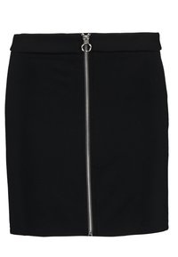 Černá sukně s předním zapínáním na zip, střih přiléhavý a hladká textura látky. Bez vzorů či dalších ozdob.