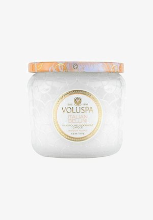 Klar glasur med en struktureret overflade, orange og guldlåg, mærket "Voluspa Italian Bellini", håndstøbt cocowax, 4,5 oz.