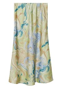Dlouhá sukně s mramorovým vzorem v zelených, modrých a béžových tónech, vyrobená z lehké látky s elastickým pasem.