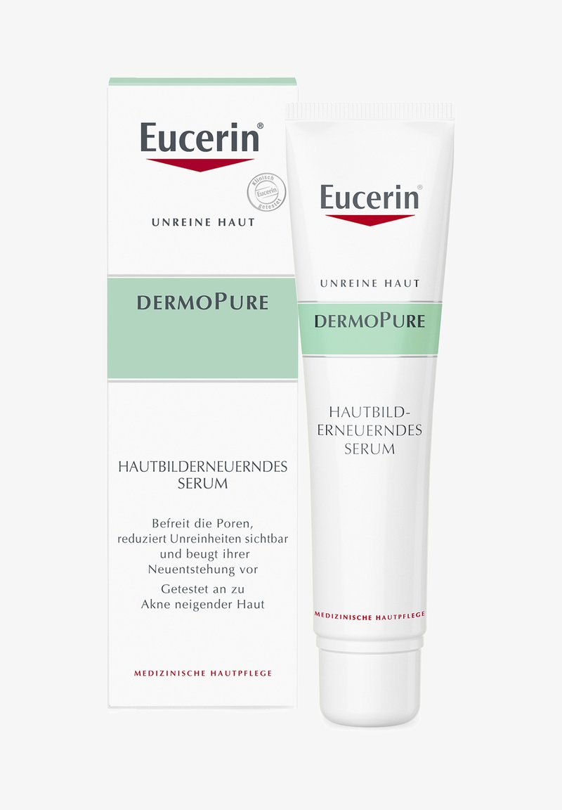 Eucerin DermoPure hauterneuerndes Serum in der Tube und Verpackung für zu Akne neigende Haut mit deutschem Text, der die Porenreinigung und die Reduzierung von Unreinheiten beschreibt.