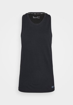 Black sleeveless athletic tank top with round neckline and small Under Armour logo at the bottom hem.