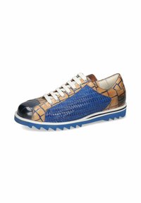 Men's sneakers featuring a blue woven design with tan leather accents, white laces, and a blue serrated rubber sole.