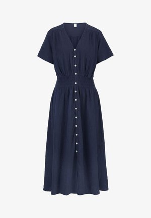 Marineblaues Midikleid mit kurzen Ärmeln, V-Ausschnitt, geraffter Taille, strukturiertem Stoff und einer vorderen Reihe weißer Knöpfe vom Hals bis zum Saum.