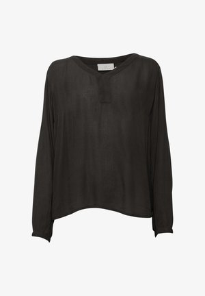 Black long-sleeve blouse made from lightweight fabric. Features a V-neck with a small placket, relaxed fit, and buttoned cuffs.