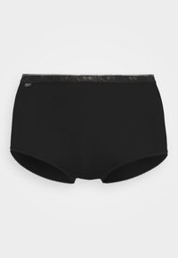 Black high-waisted underwear made of soft fabric, featuring a lace trim waistband and smooth edges, with a classic design.