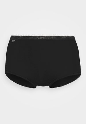 Black high-waisted underwear made of soft fabric, featuring a lace trim waistband and smooth edges, with a classic design.
