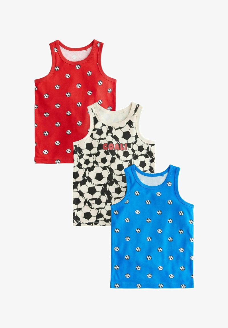 Drie mouwloze katoenen tanktops: rood met zwarte voetballen, wit met een zwart-wit voetbaldessin en de tekst "GOAL!", blauw met zwarte voetballen.