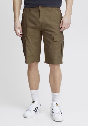 Khaki Cargo-Shorts mit Knopfverschluss, mehreren Seitentaschen und lockerer Passform. Hergestellt aus strapazierfähigem Stoff und mit einer glatten Textur.