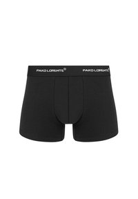 Czarne bokserki wykonane z miękkiego materiału, z wyprofilowaną kieszonką i elastycznym pasem w talii z białym logo "PAKO LORENTE".