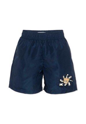 Pantaloncini blu navy con cintura elastica e grafica di un orso accompagnata da testo stilizzato sulla parte inferiore della gamba destra.