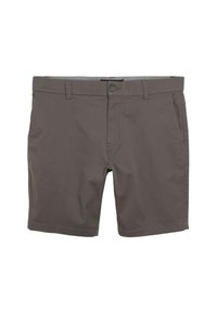 Shorts gris en tissu lisse, avec une fermeture à bouton, des passants pour ceinture et deux poches avant. Coupe droite avec un ourlet en bas.