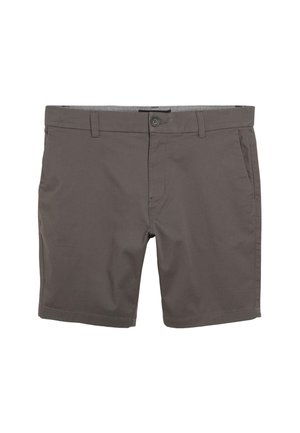 Grå shorts av slät tyg, med knäppning, midjebandshällor och två framfickor. Rakt skurna med fållad nederkant.