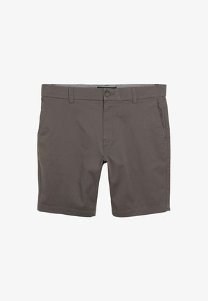 Grå shorts av slät tyg, med knäppning, midjebandshällor och två framfickor. Rakt skurna med fållad nederkant.