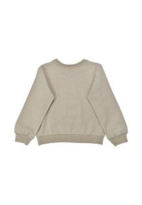 Beige sweatshirt with long sleeves, round neckline, ribbed cuffs, and hem. Smooth texture, minimalist design, no patterns or embellishments.