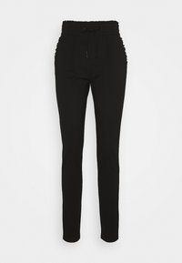 Černé kalhoty z elastické látky, s elastickým pasem na šňůrku, zúženými nohavicemi a jemnými detaily na bocích.