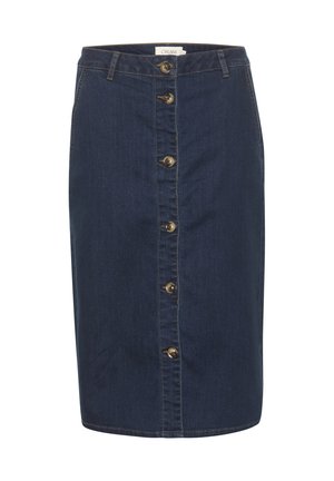 Dark blue denim midi skirt with a front button closure, five brass buttons, and visible stitching. Straight shape, no pockets.