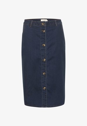 Temno modra denim midi krila z zapiranjem na gumb spredaj, petimi mesingastimi gumbi in vidnim šivanjem. Ravna oblika, brez žepov.