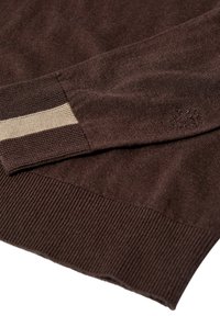 Brauner Strickpullover mit gerippten Bündchen und Saum, mit einem kontrastierenden hellbeigen Streifen auf einem Ärmel sowie einem subtilen Logo-Detail.