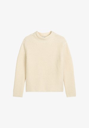 Sweter dzianinowy z długim rękawem w kremowym kolorze, z wysokim dekoltem i teksturowanym wzorem. Prosty kształt z prążkowanymi detalami na mankietach i dole.