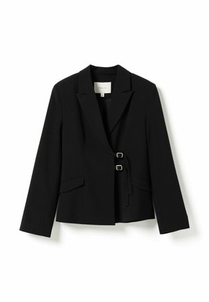 Black tailored blazer with a notched collar, long sleeves, two front pockets, and double side buckle closures on the front.