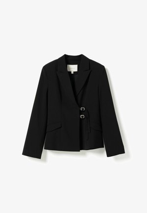 Black tailored blazer with a notched collar, long sleeves, two front pockets, and double side buckle closures on the front.