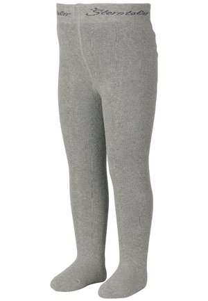 Graue gerippte Strumpfhosen mit einer weichen Textur, die einen bequemen Bund mit dezenten Logo-Details aufweisen und für Wärme und Bedeckung konzipiert sind.
