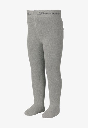 Collants gris côtelés avec une texture douce, dotés d'une taille confortable avec des détails de logo subtils, conçus pour la chaleur et la couvrance.