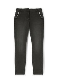Pantalones slim-fit negros con bolsillos frontales que cuentan con tres botones metálicos a cada lado, pasadores para cinturón y un cierre de botón en la cintura.