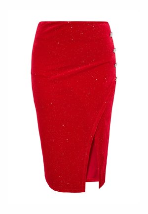 Rød fløjlskørt med en let glans, der har en sidedel og sølvknapper langs højre side. Glitrende tekstur i hele stoffet.
