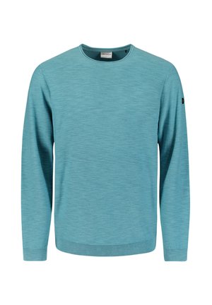 Lichtblauwe longsleeve trui met een ronde hals. Zachte textuur, ribgebreide manchetten en zoom. Voorzien van een klein logo op de linker mouw.