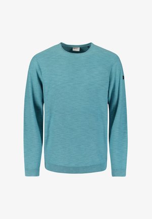 Lichtblauwe longsleeve trui met een ronde hals. Zachte textuur, ribgebreide manchetten en zoom. Voorzien van een klein logo op de linker mouw.