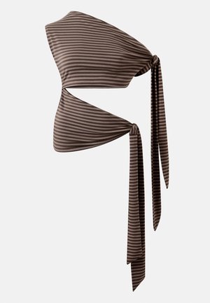 Καφέ και μπεζ ριγωτό μπαντέο τοπ με δύο πλαϊνές κορδέλες που κρέμονται σε απλό ανοιχτό φόντο.