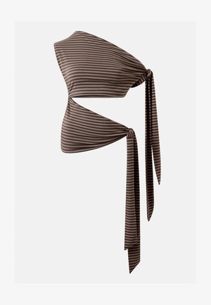 Καφέ και μπεζ ριγωτό μπαντέο τοπ με δύο πλαϊνές κορδέλες που κρέμονται σε απλό ανοιχτό φόντο.