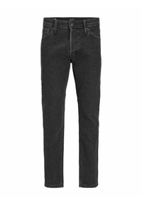 Jeans de mezclilla negros con un ajuste recto, que cuentan con una cremallera, un diseño de cinco bolsillos y una ligera textura desgastada. Detalles de costura a lo largo de las costuras.