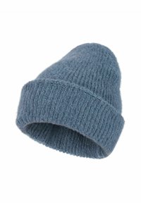 Pehme sinine kootud beanie müts voltitud äärisega, loodud soojuse ja igapäevase kandmise jaoks.