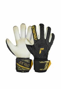 Torwarthandschuhe mit weißem und schwarzem Design, strukturiertem Grip an den Fingern, goldenen Akzenten und einem anliegenden Handgelenkband für Unterstützung.