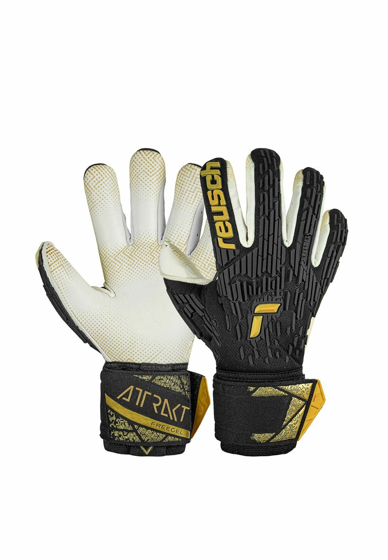 Torwarthandschuhe mit weißem und schwarzem Design, strukturiertem Grip an den Fingern, goldenen Akzenten und einem anliegenden Handgelenkband für Unterstützung.