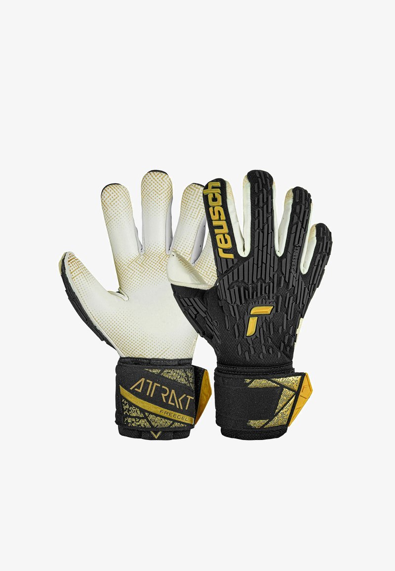 Torwarthandschuhe mit weißem und schwarzem Design, strukturiertem Grip an den Fingern, goldenen Akzenten und einem anliegenden Handgelenkband für Unterstützung.