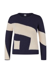 Marineblauer Pullover mit cremefarbenen abstrakten Mustern, rundem Ausschnitt, langen Ärmeln und weicher, flauschiger Textur. Gerippte Bündchen und Saum.