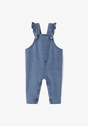 Denim overall featuring ruffled straps, light blue color, straight legs, and a simple, casual design with no additional embellishments.