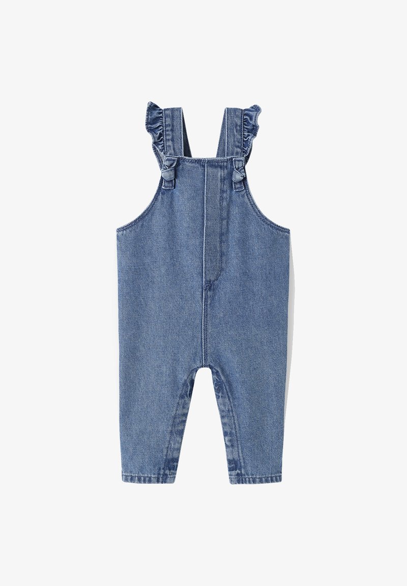Denim-Overall mit Rüschenträgern, in hellblauer Farbe, geraden Beinen und einem schlichten, lässigen Design ohne zusätzliche Verzierungen.