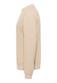 Beiger Strickpullover mit strukturiertem Muster, rundem Kragen und gerippten Bündchen. Das Design zeichnet sich durch eine lockere Passform und eine glatte Oberfläche aus.