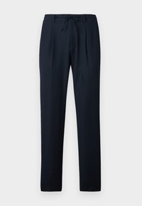 Marineblauwe broek van een lichtgewicht stof, met een gestructureerd patroon, geplooide voorkant en een elastische tailleband met een trekkoord.